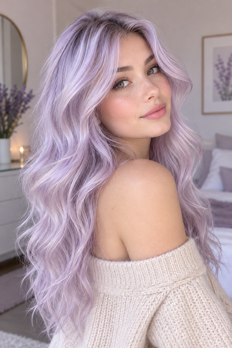 Balayage hair with smoky, muted lavender tones through the ends.