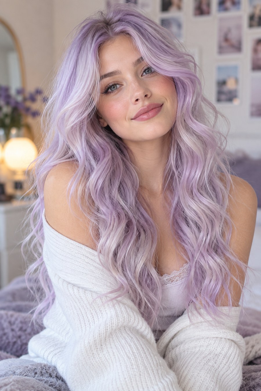 Lavender hair with a soft, blended shadow root.