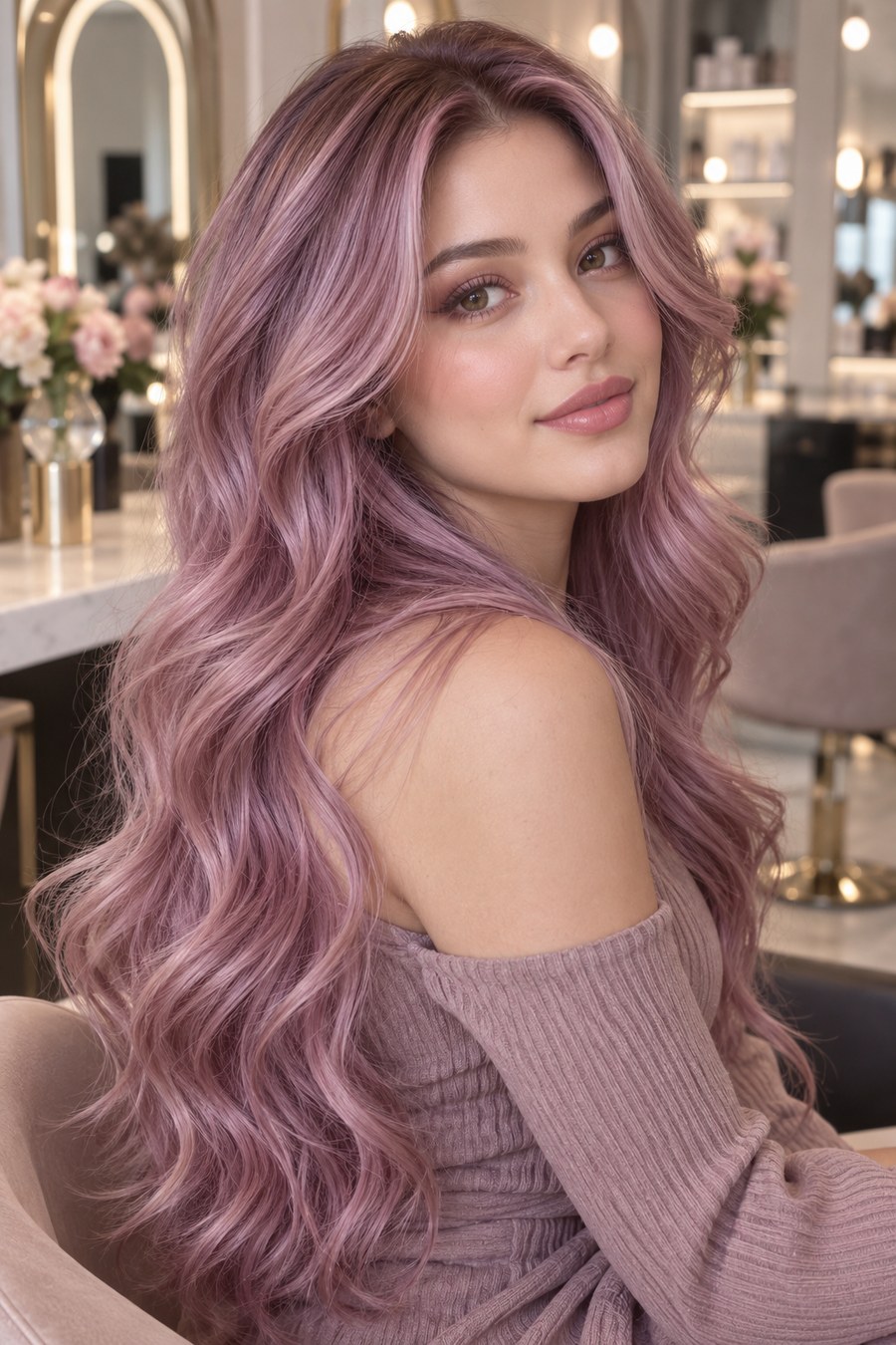 Hair in a soft rose-lavender blended shade.