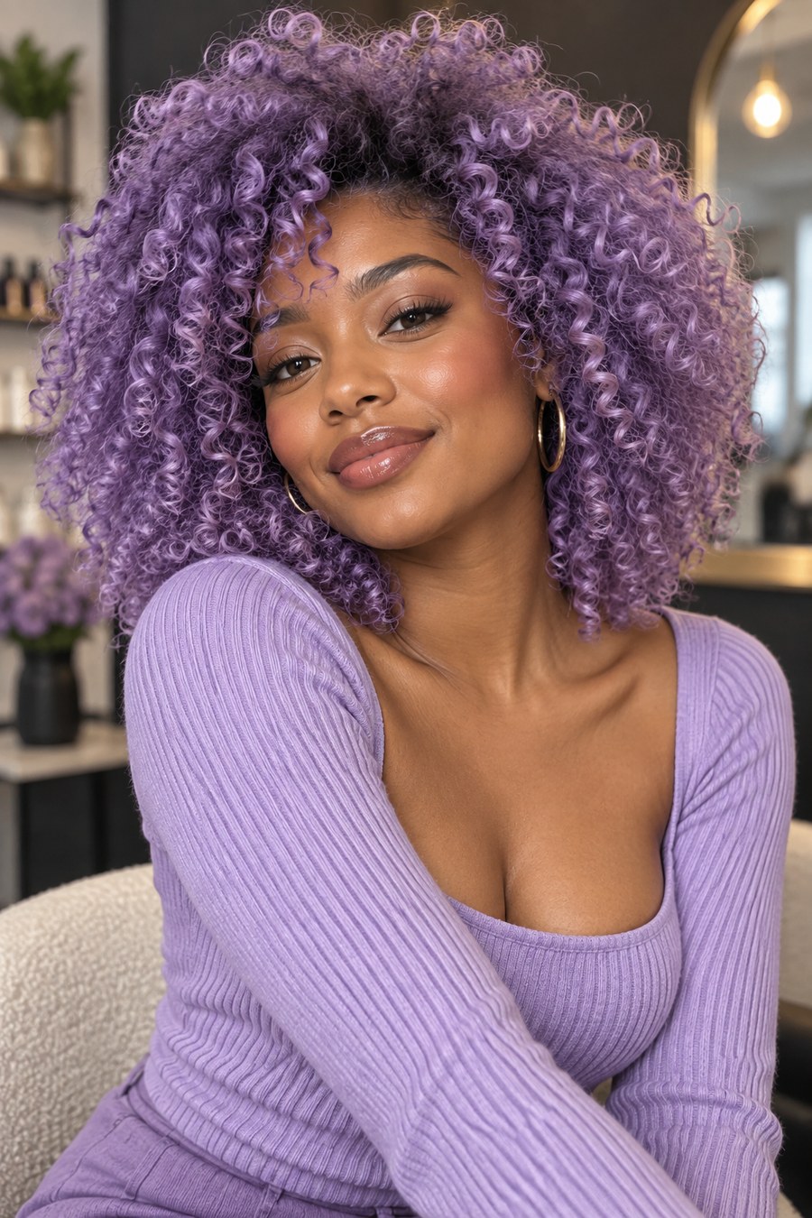 Curly hair colored in a vibrant lavender shade.
