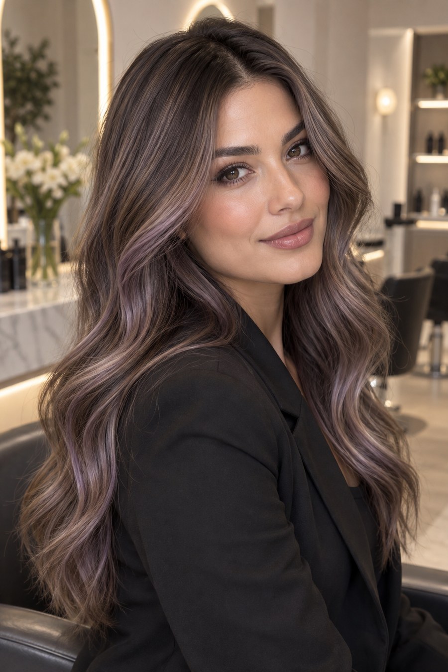Balayage hair in mushroom brown with lavender undertones.