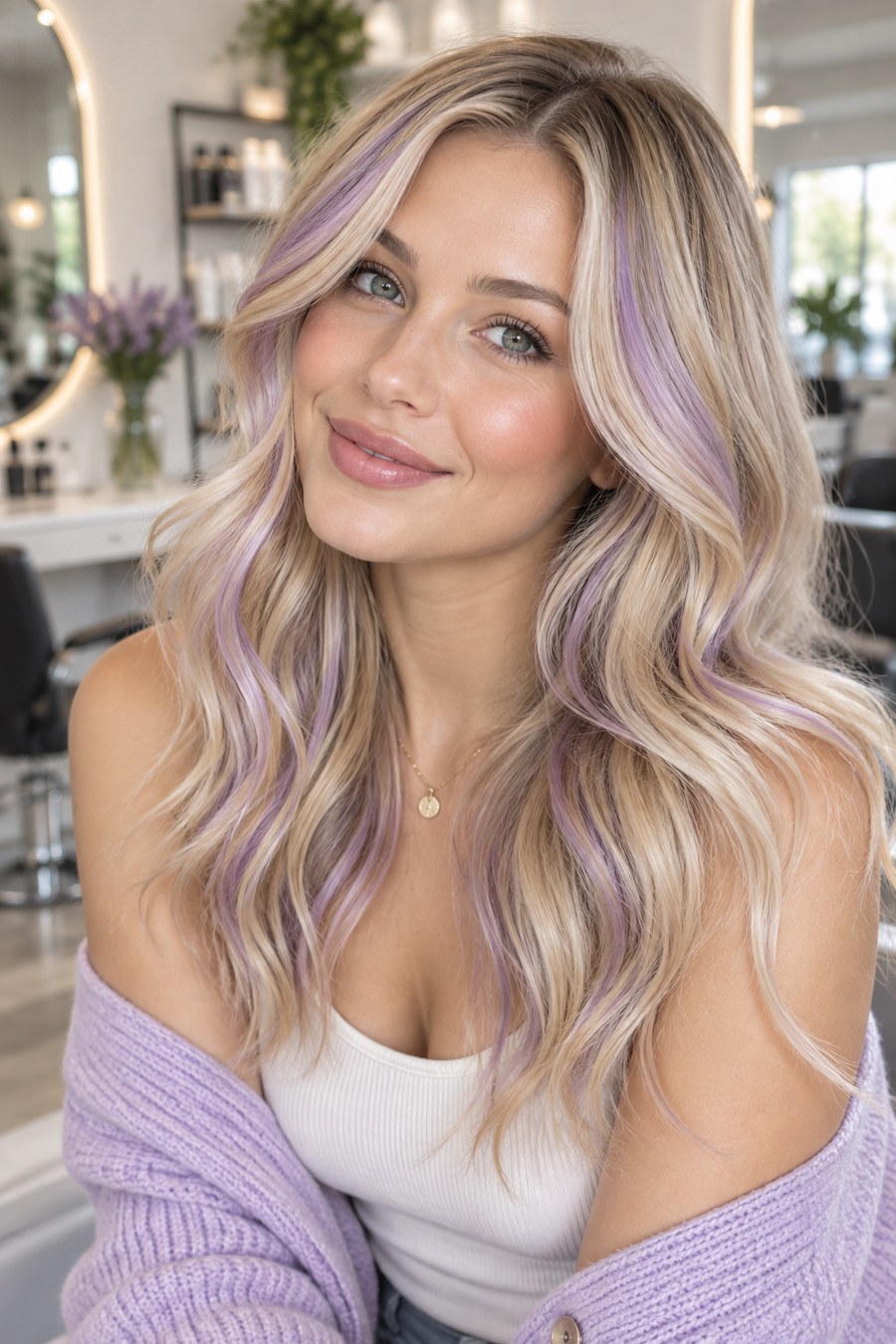 Blonde hair with lavender highlights placed throughout.
