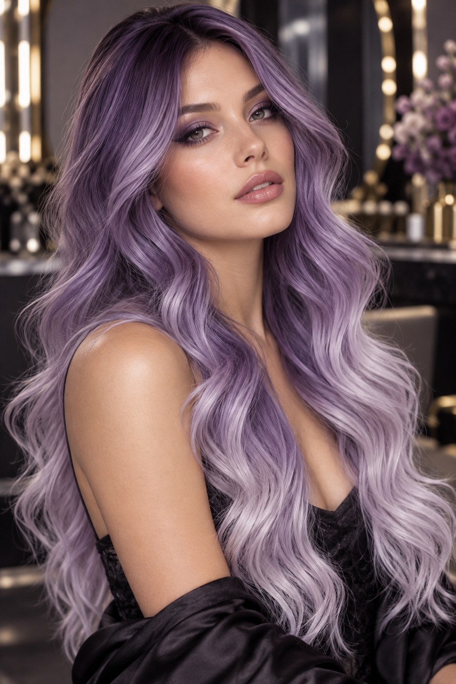 Long hair with a seamless, multi-tone lavender color melt.