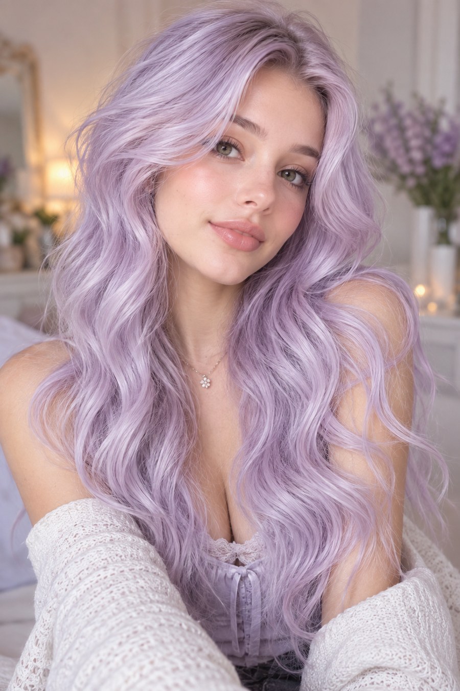 Blonde hair with a subtle lavender tint throughout.