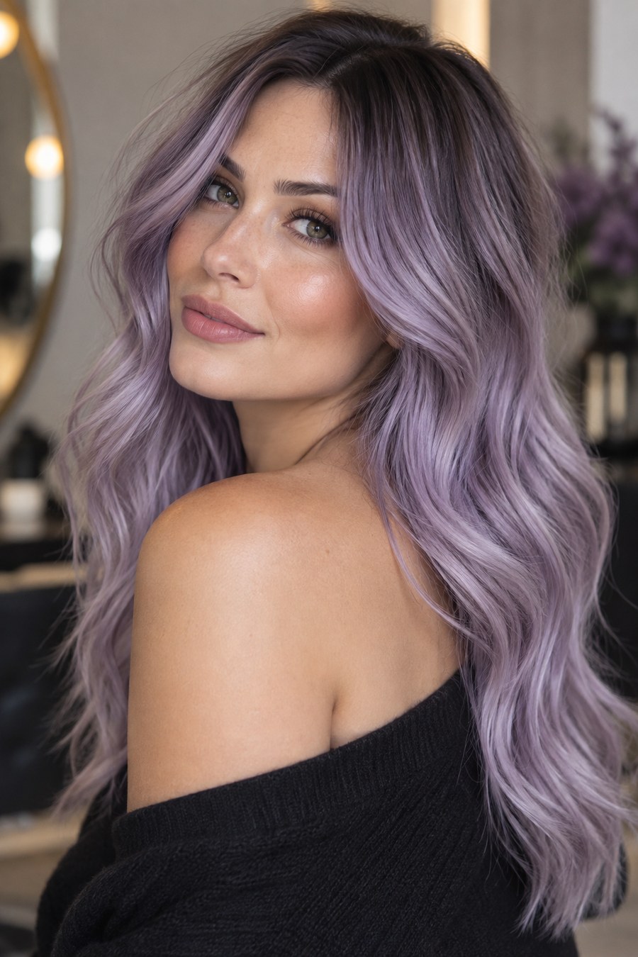 Lavender hair with a dark, shadowed root grow-out.