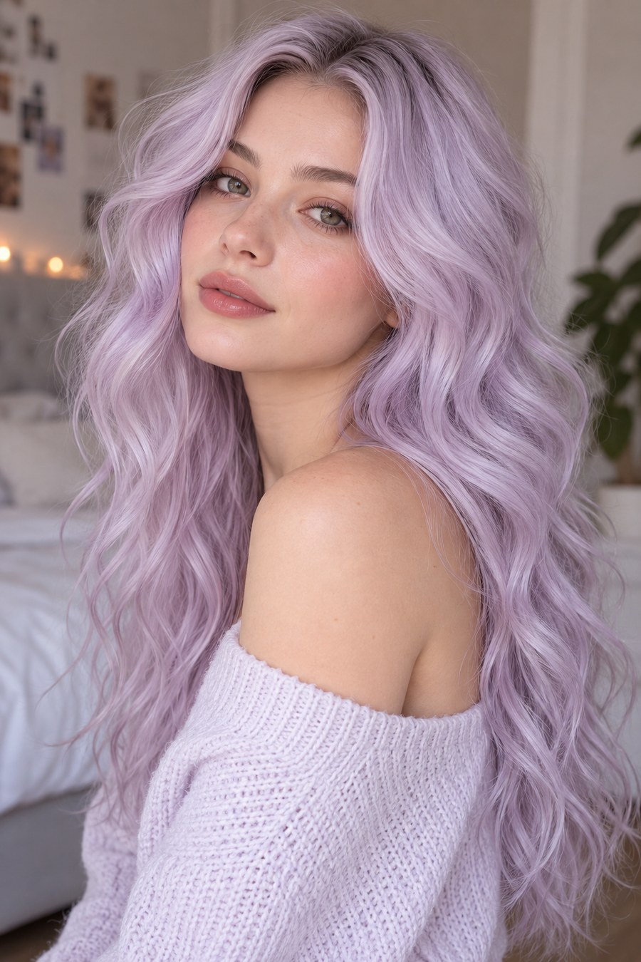 Silvery lavender hair with a cool, icy tone.