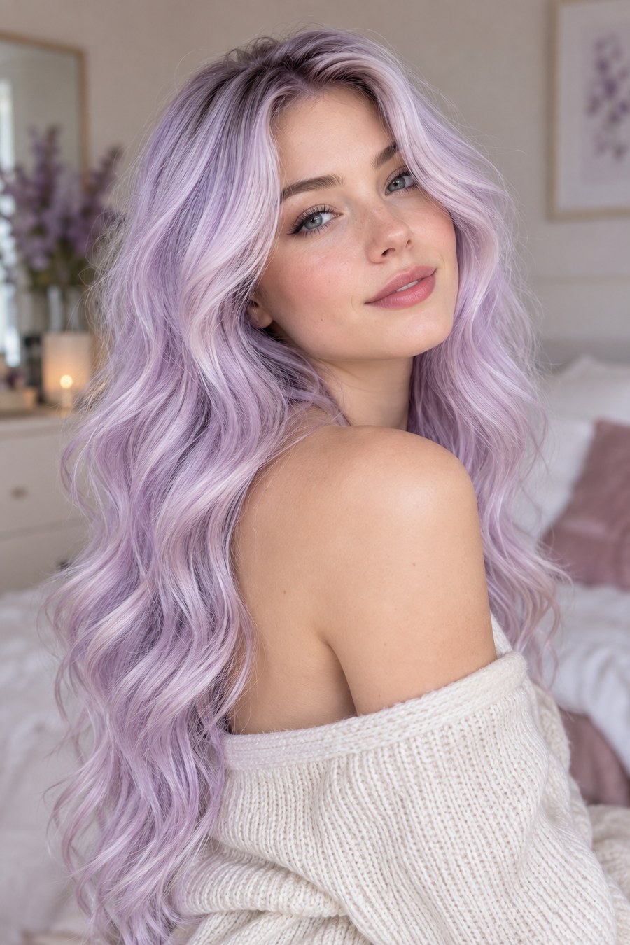 Layered hair in a dusty, muted lavender shade.