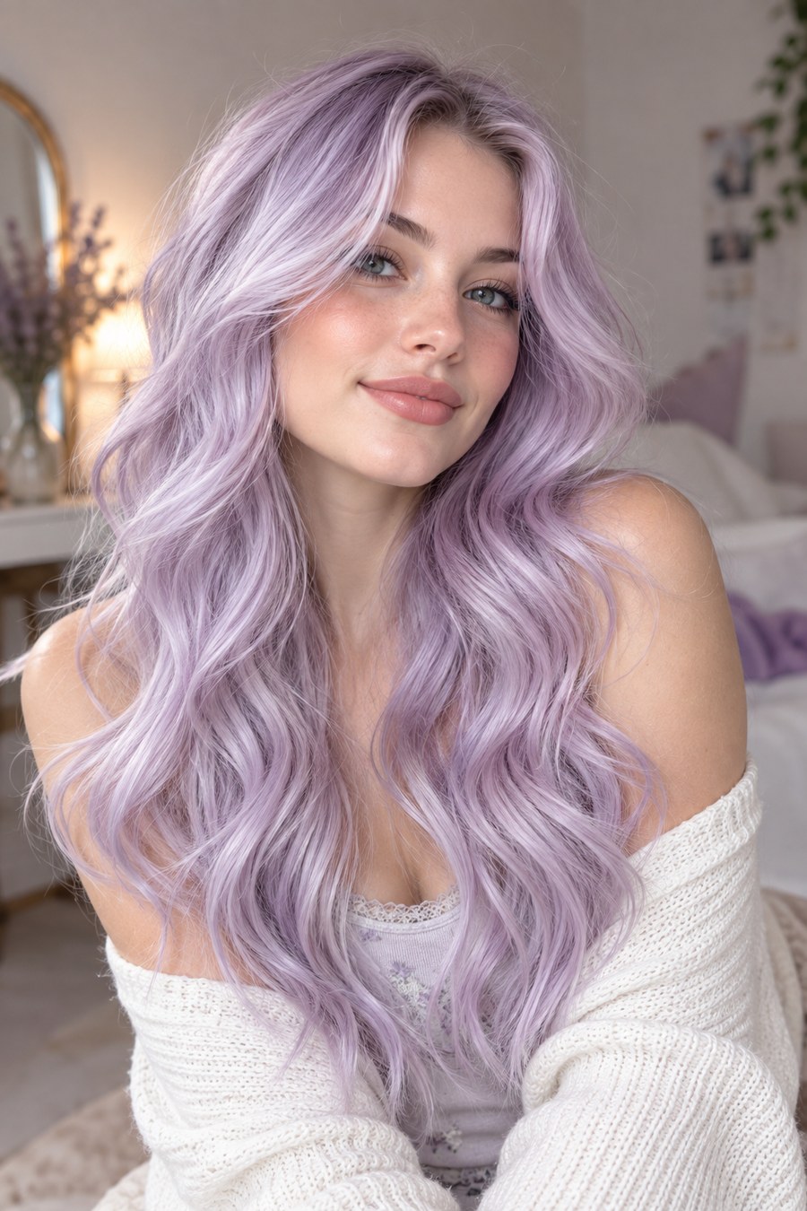 Long lavender hair with lighter lilac face-framing pieces.