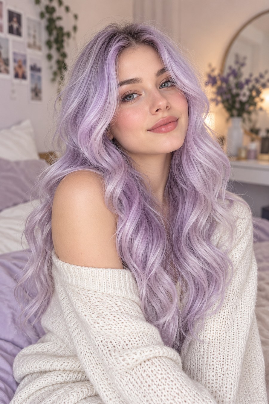 Long wavy hair with a soft lavender ombre from deeper roots to pale ends.