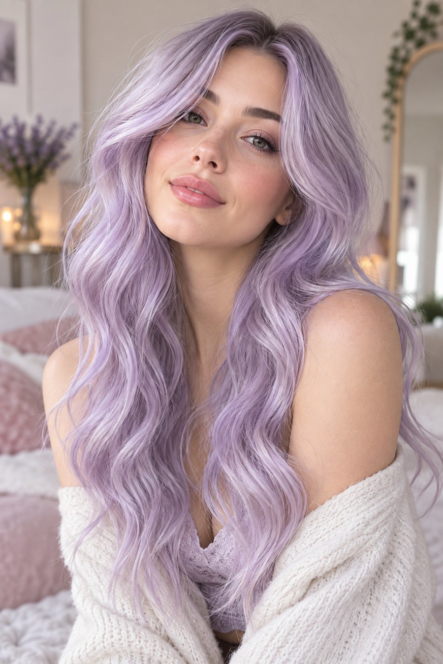 Long wavy hair blended with cool lilac and lavender tones.