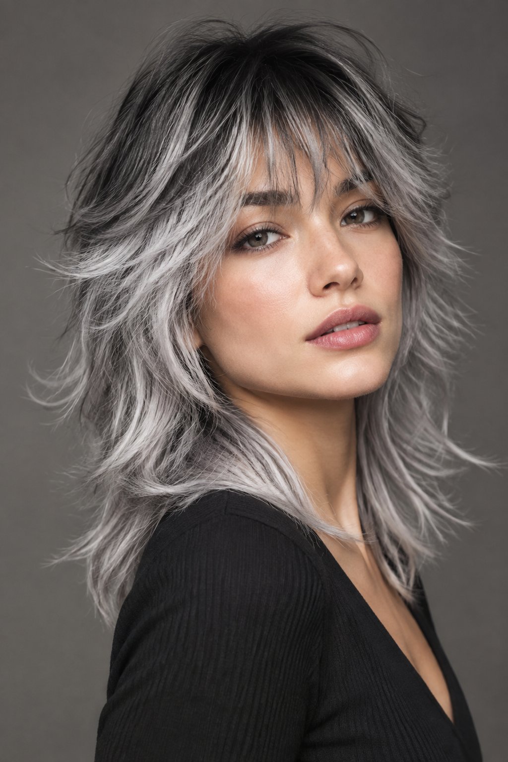 A charcoal root smudge gives silver-grey hair more depth while creating a smooth transition between darker roots and lighter lengths.