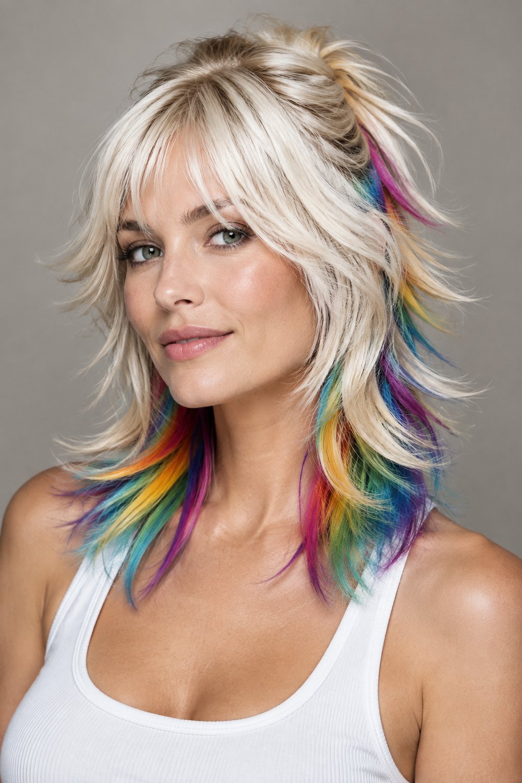 A hidden rainbow underlayer transforms a platinum blonde wolf cut into a playful statement hairstyle.