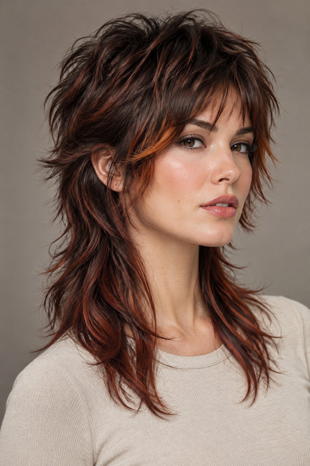 A mullet-inspired wolf cut becomes even more defined when auburn highlights are placed through the longer back layers.