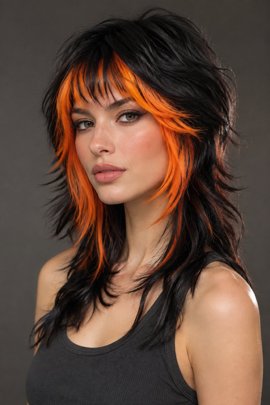A neon orange money piece creates instant drama against a deep black wolf cut.