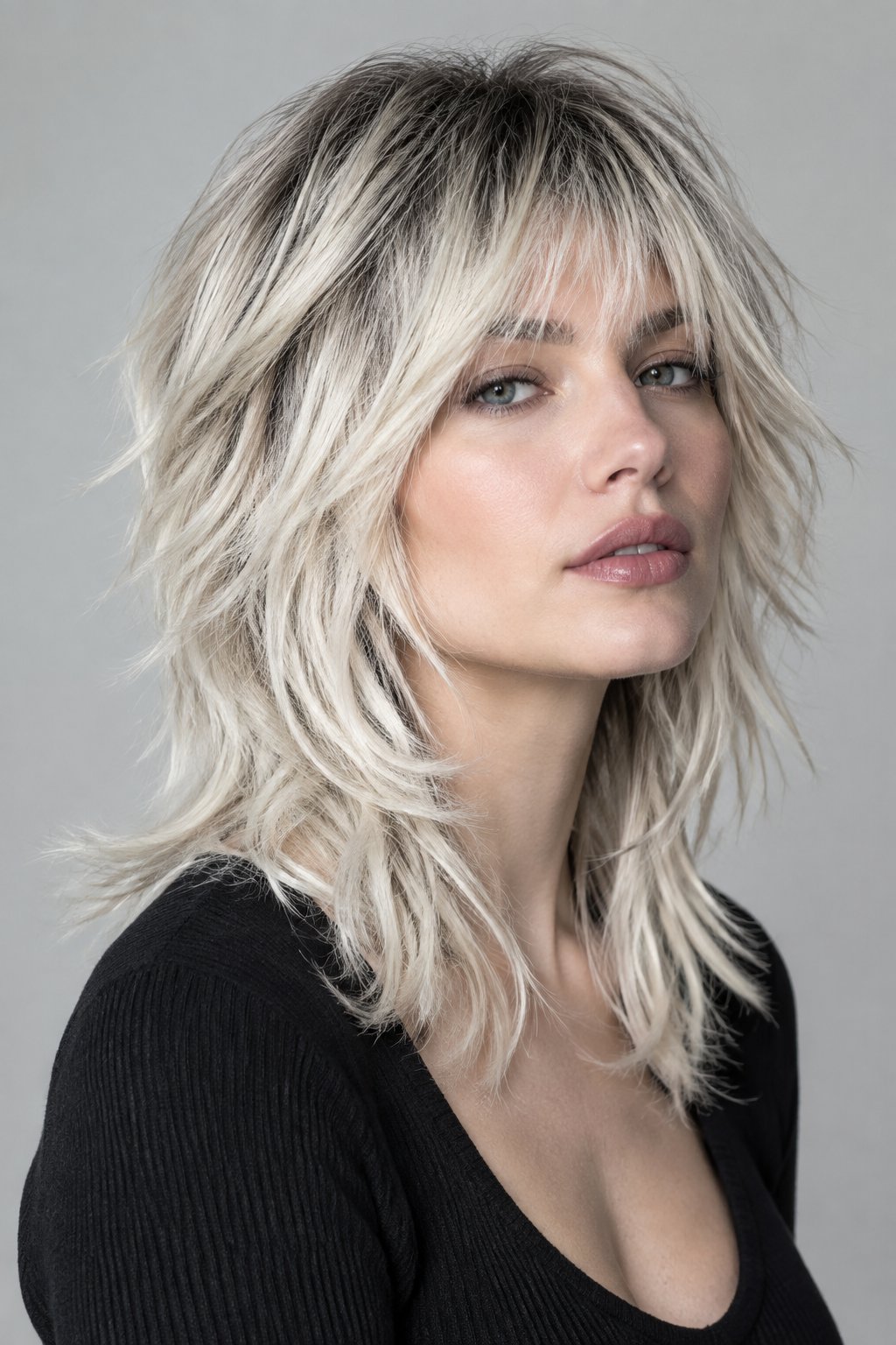 A platinum wolf cut paired with smoky grey roots creates a cool-toned, high-fashion appearance with plenty of dimension.