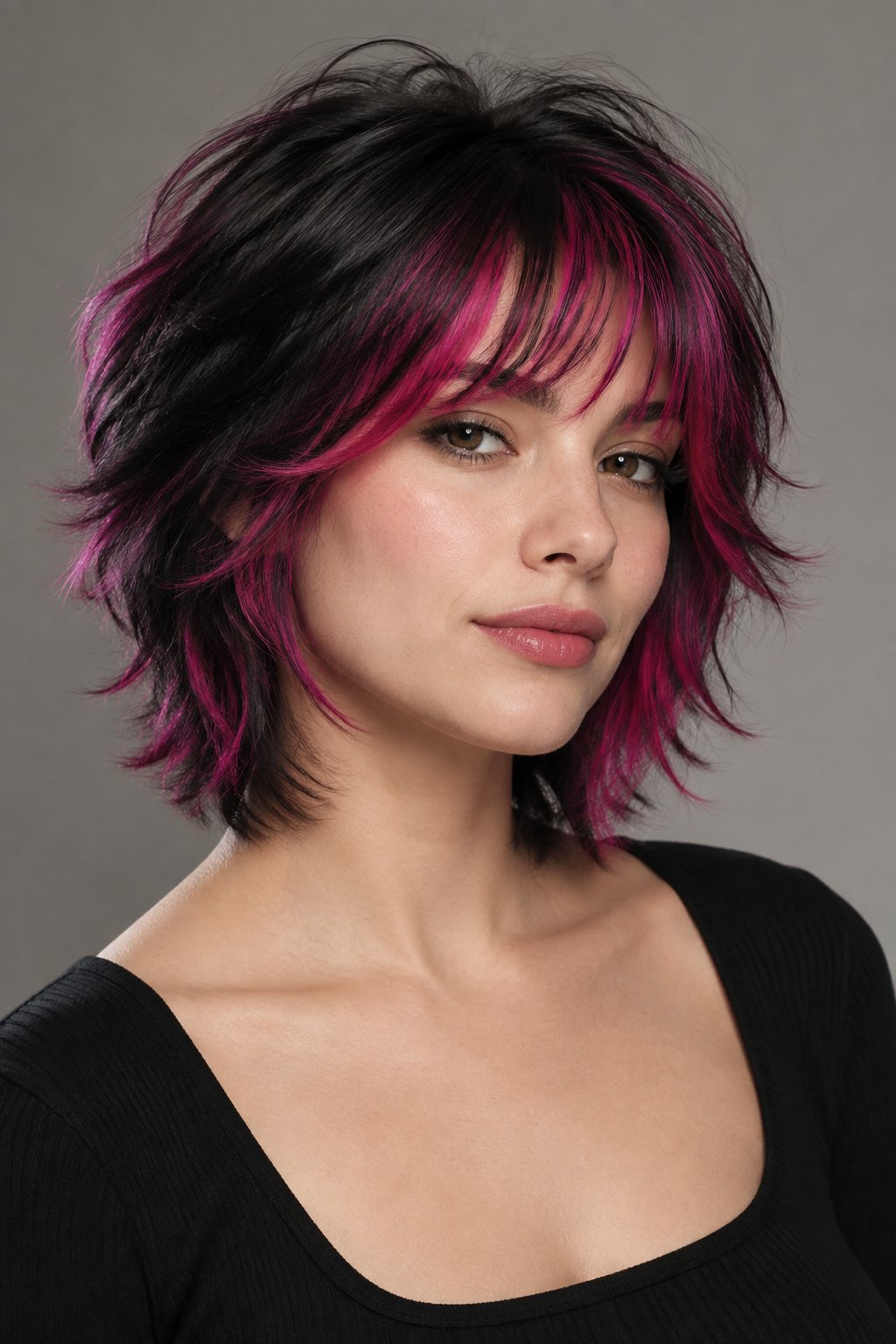 A short bob-length wolf cut looks instantly more playful with vibrant fuchsia highlights.