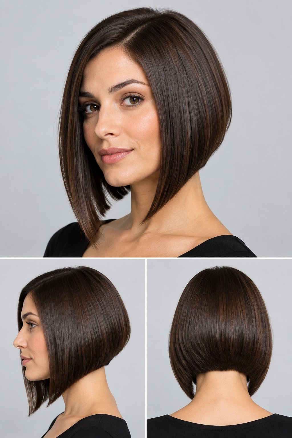 Angled bob shown from front, side, and back with a solid perimeter and longer front sections.