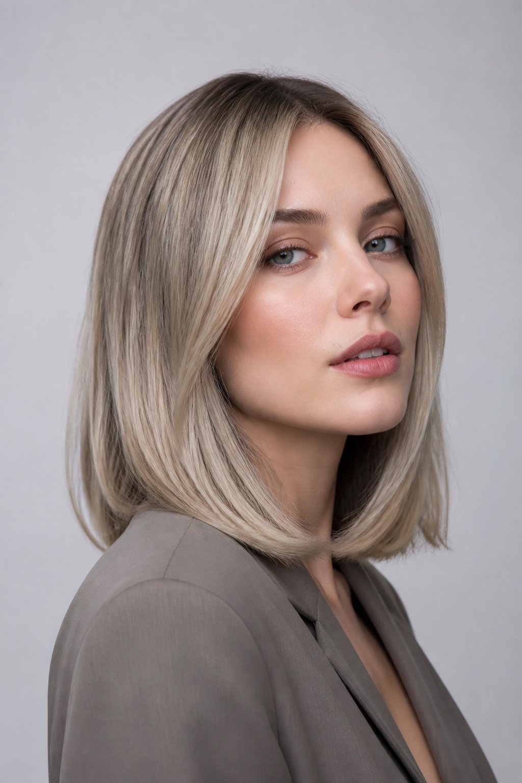 Ash blonde collarbone lob in a cool muted blonde tone with a polished finish.