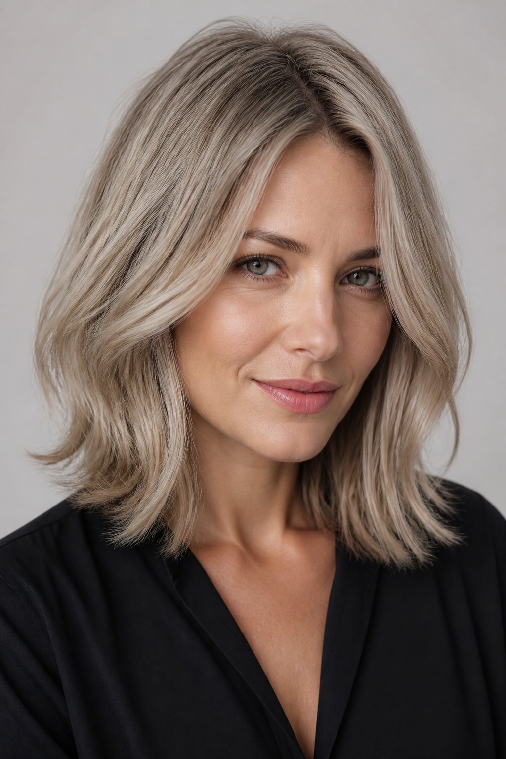 Ash blonde hair with cool gray-beige undertones and a soft smoky finish.