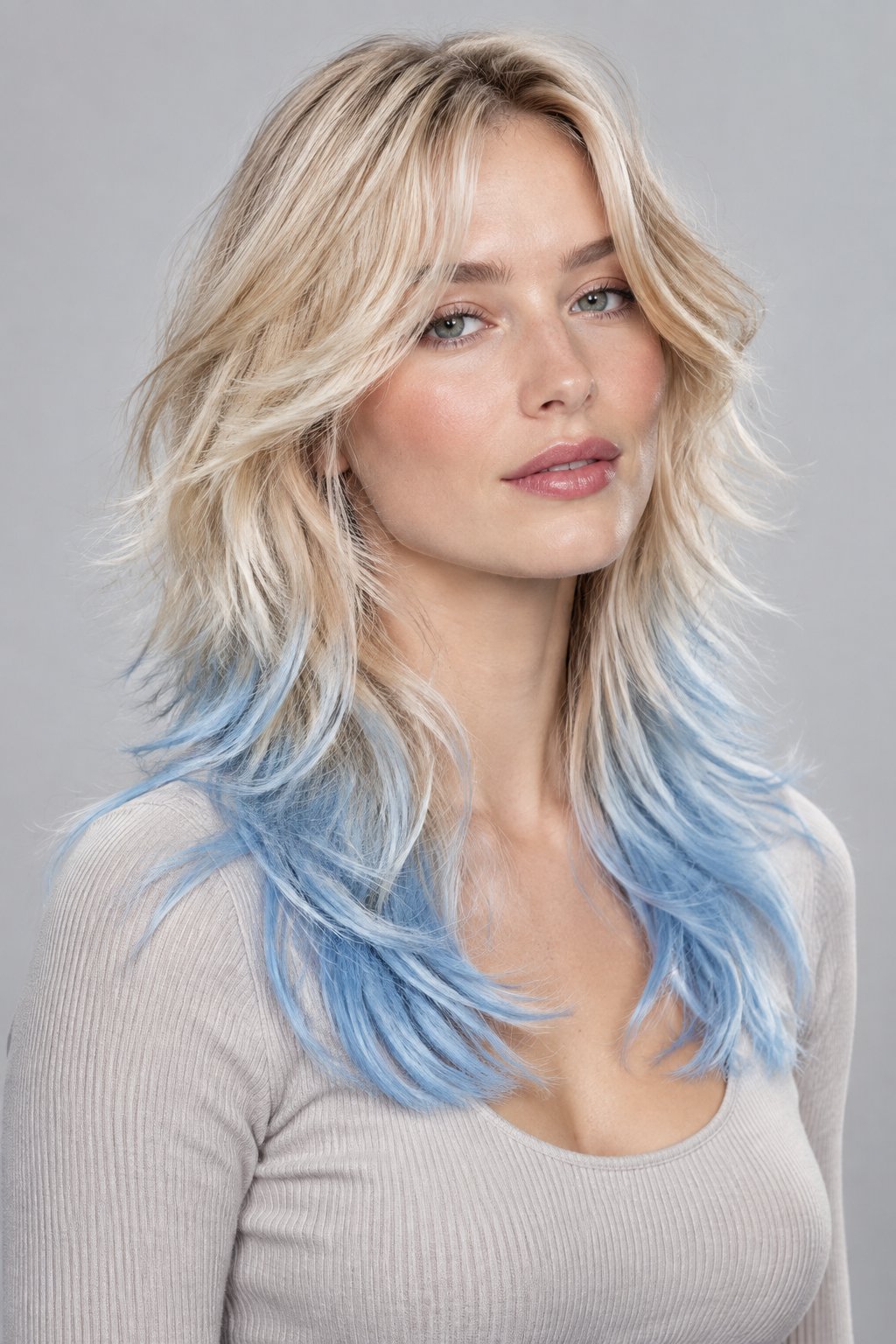 Baby blue dip-dyed ends create a dreamy finish on a blonde wolf cut without changing the root color.