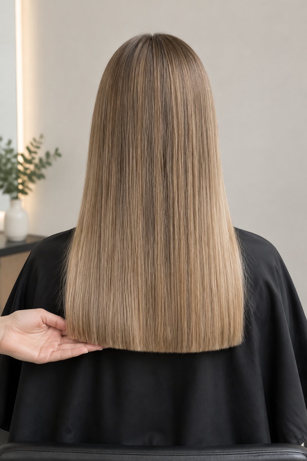 Back view of a long one-length haircut with straight, dense-looking ends and no visible layers.