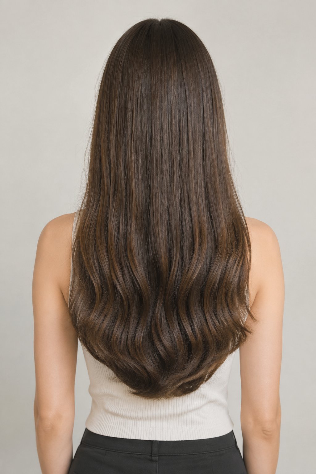 Back view of a long U-shaped haircut with a softly curved hemline and full length.