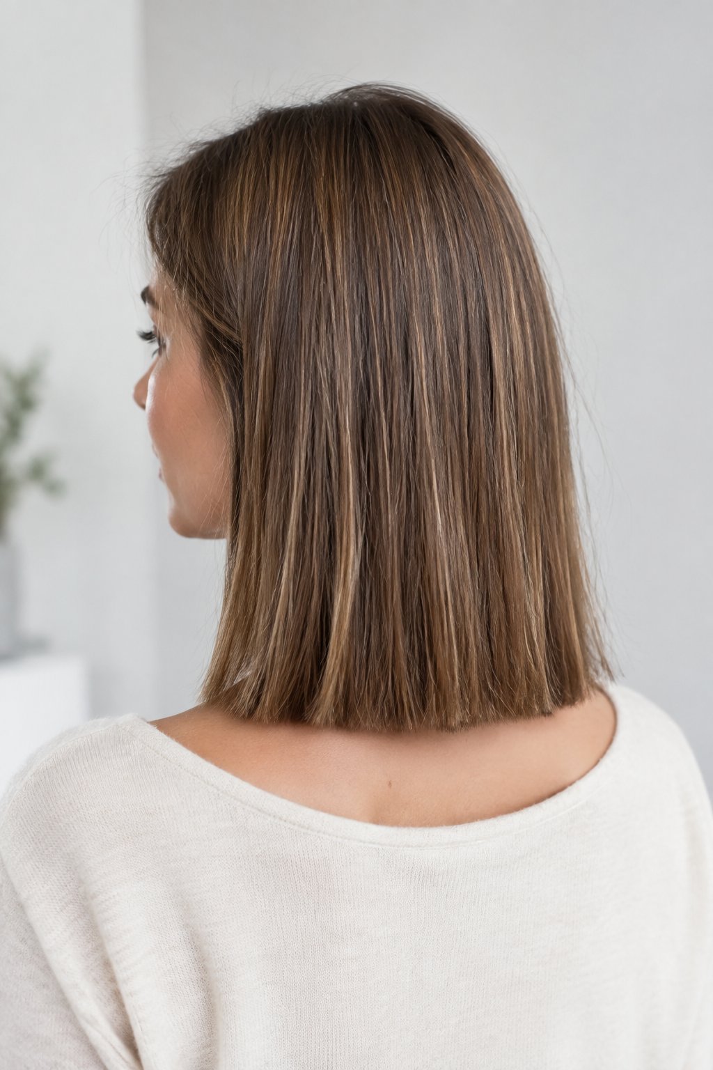 Back view of a shoulder-length straight cut with a strong blunt bottom edge.