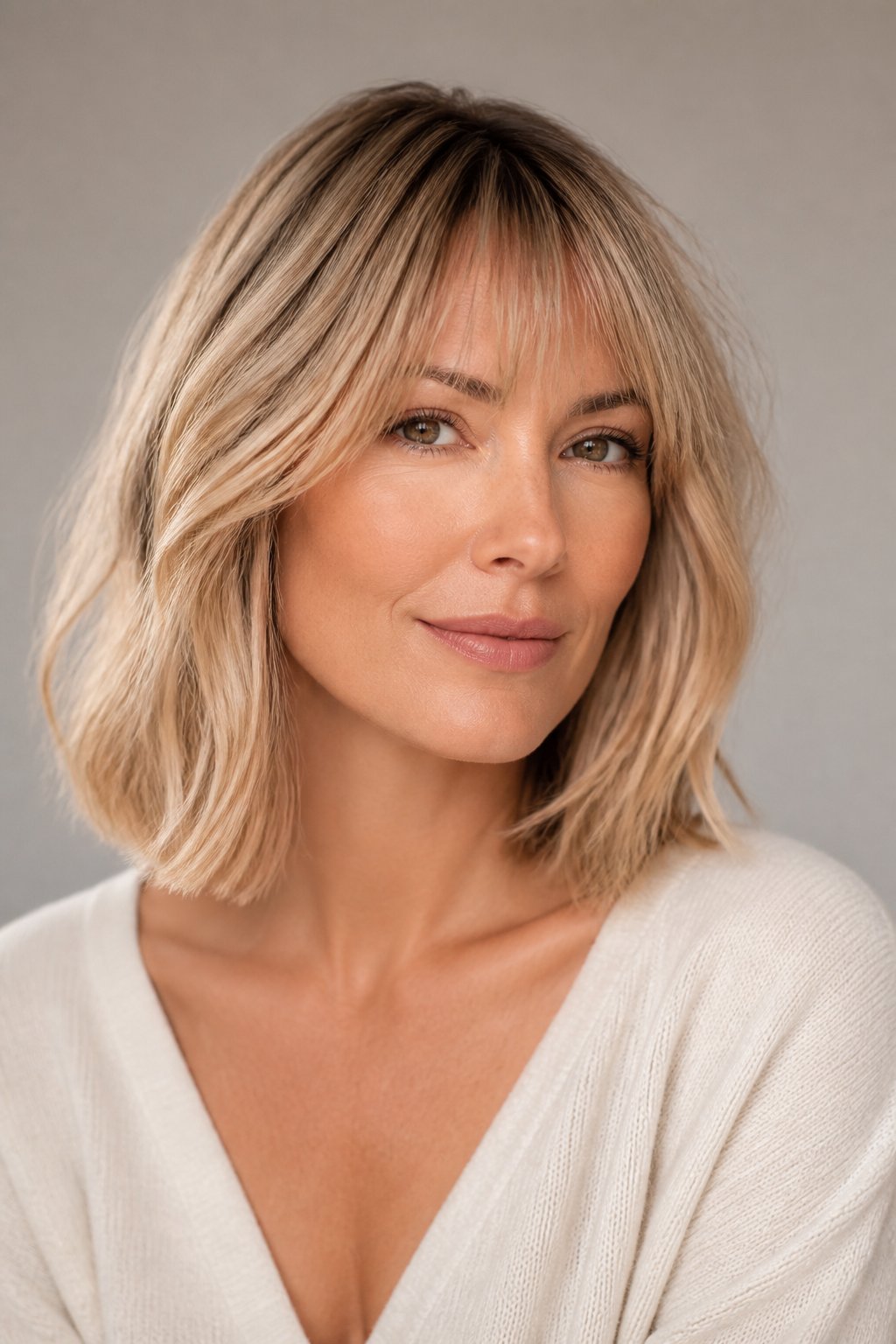 Beige blonde lob with soft waves and wispy bangs across the forehead.