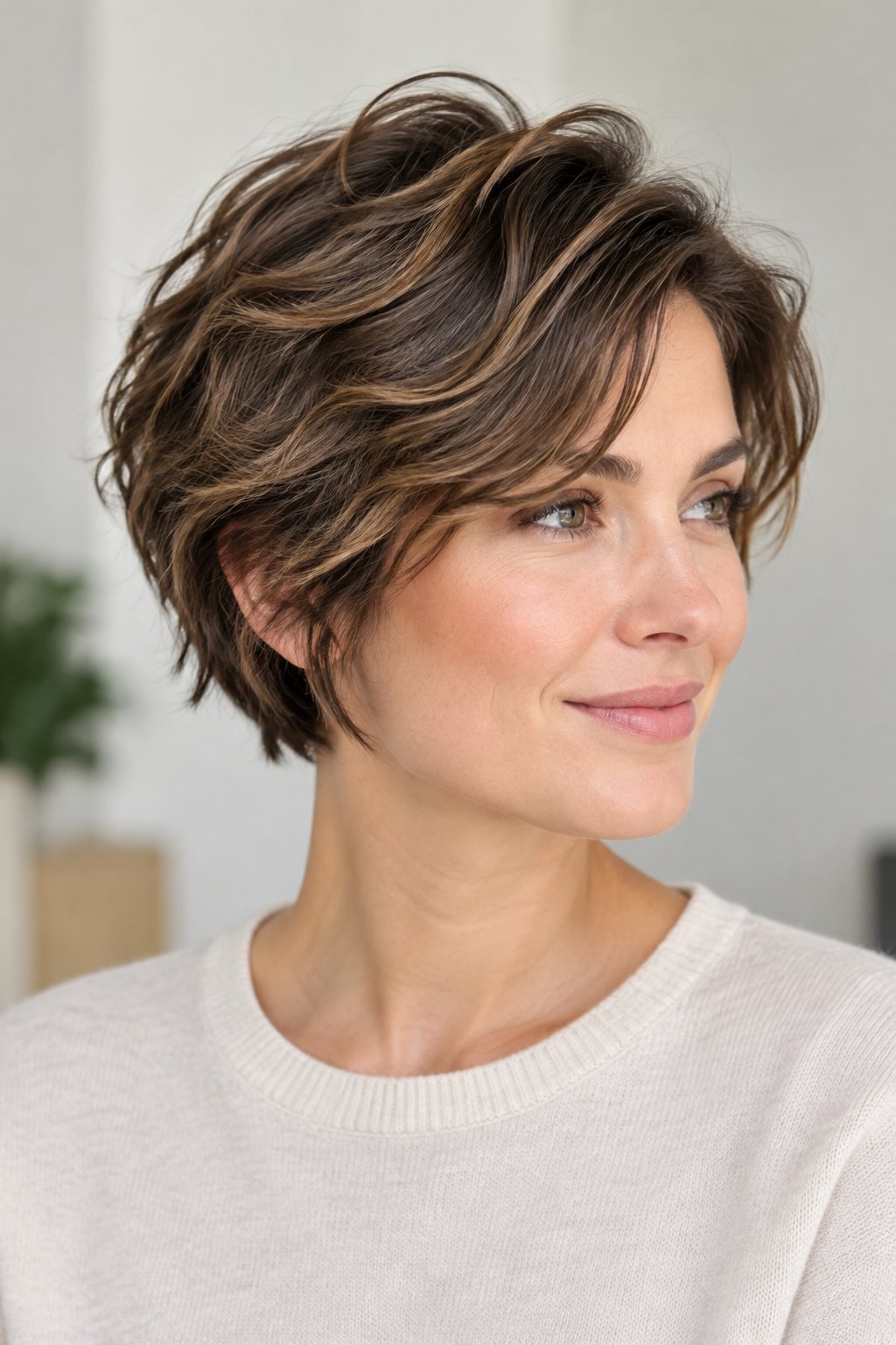 Bixie haircut with soft crown layers and lightly wavy texture for added fullness.