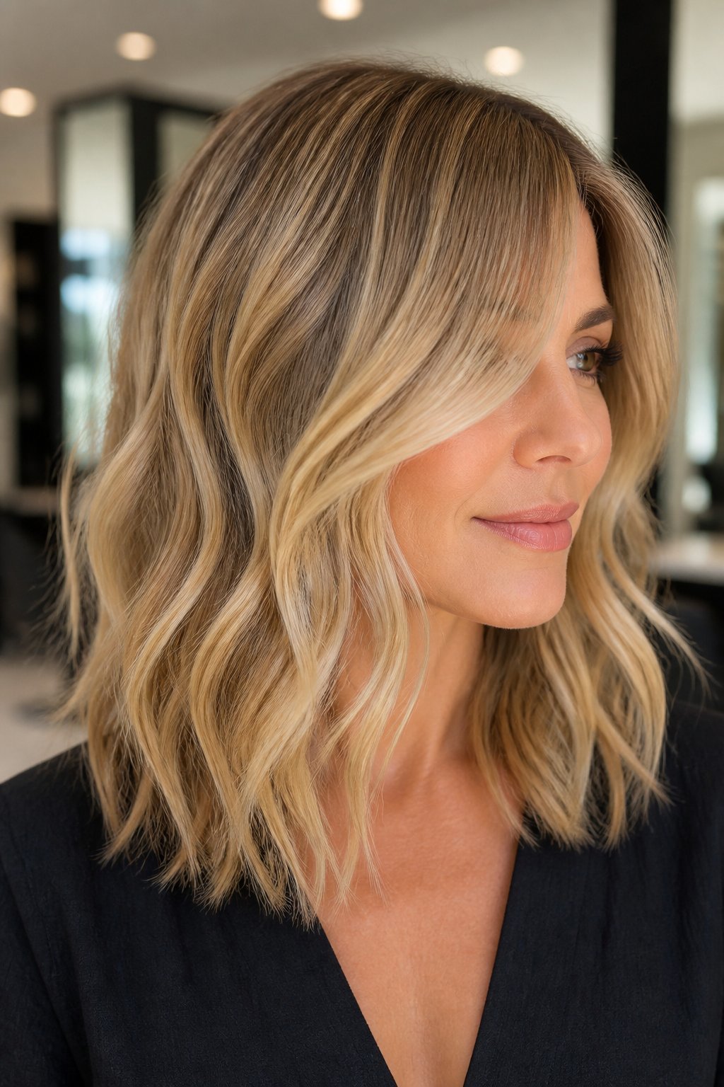Blonde balayage shoulder-length waves with long side-swept face-framing bangs.