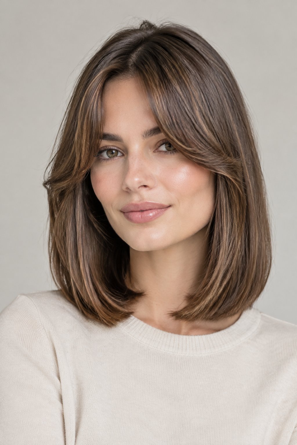 Blunt collarbone lob with center-parted curtain bangs framing the face.