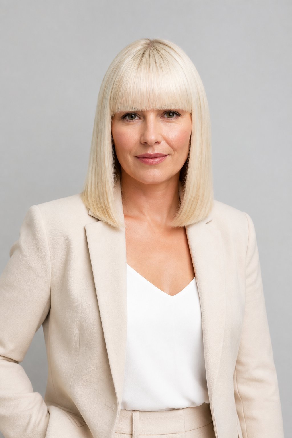 Bright blonde shoulder-length cut with sleek styling and full blunt fringe.