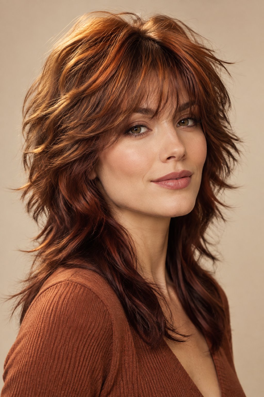 Bright copper highlights concentrated around the crown give a dark auburn wolf cut an extra boost of warmth.