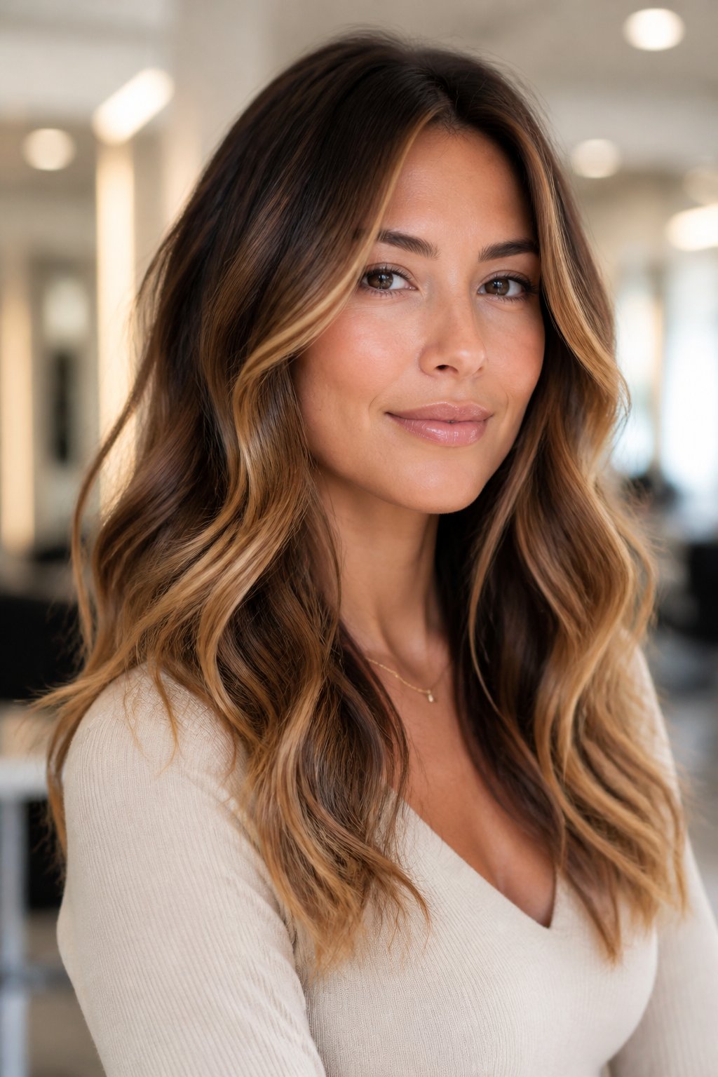 Bronde hair blending a rich brunette base with warm blonde highlights around the face and ends.