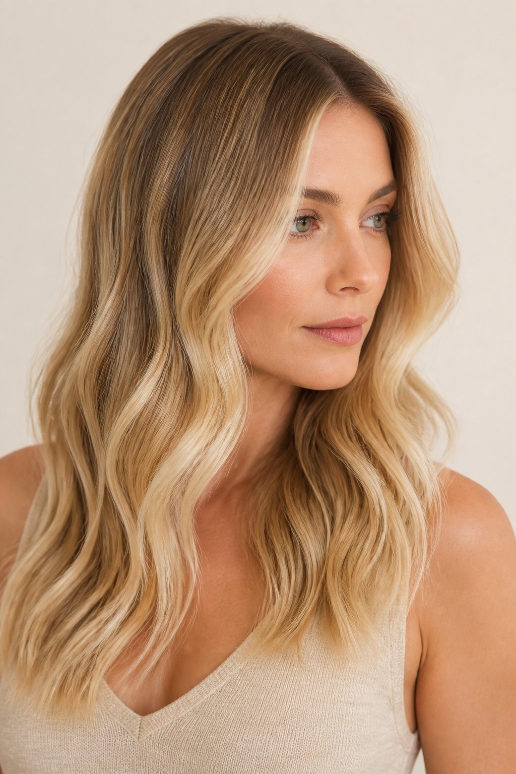 Buttery blonde balayage with creamy golden and vanilla-toned highlights blended through the hair.