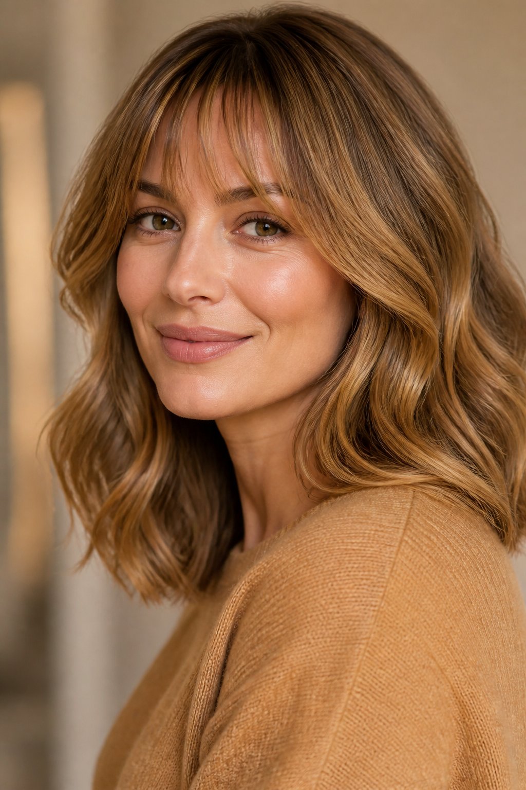 Caramel blonde shoulder-length waves with soft wispy bangs and warm golden dimension.