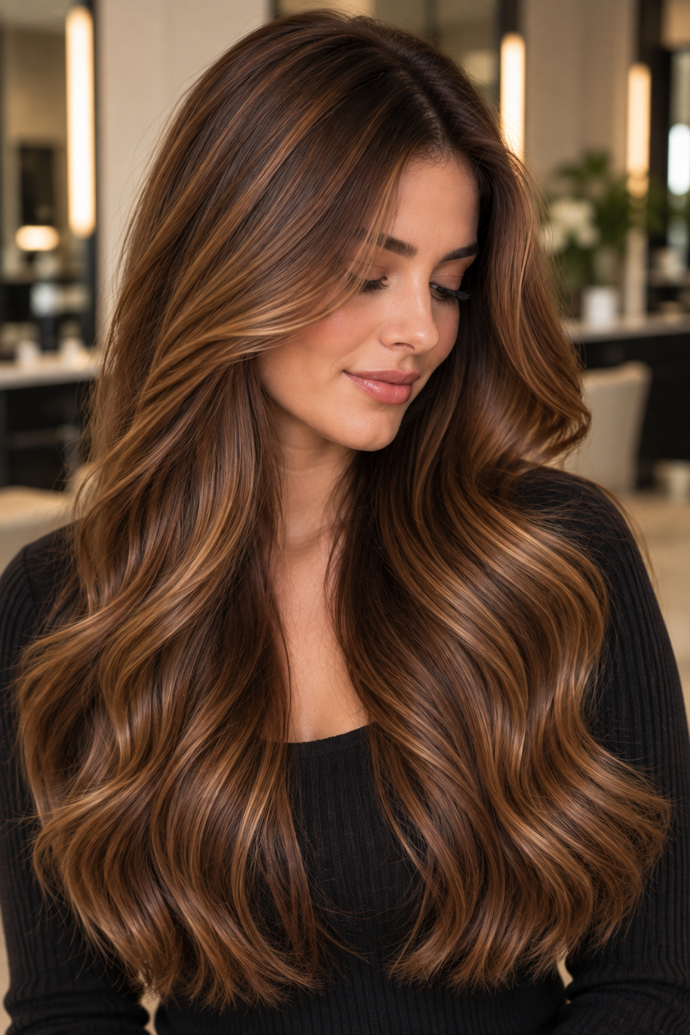 Caramel Brunette on a Lob - caramel brunette hair color example