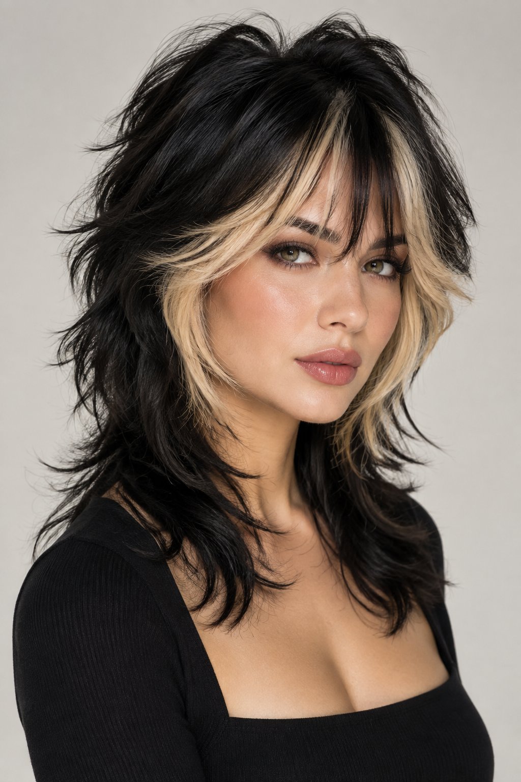 Champagne blonde face-framing highlights create dramatic contrast against a jet-black wolf cut.