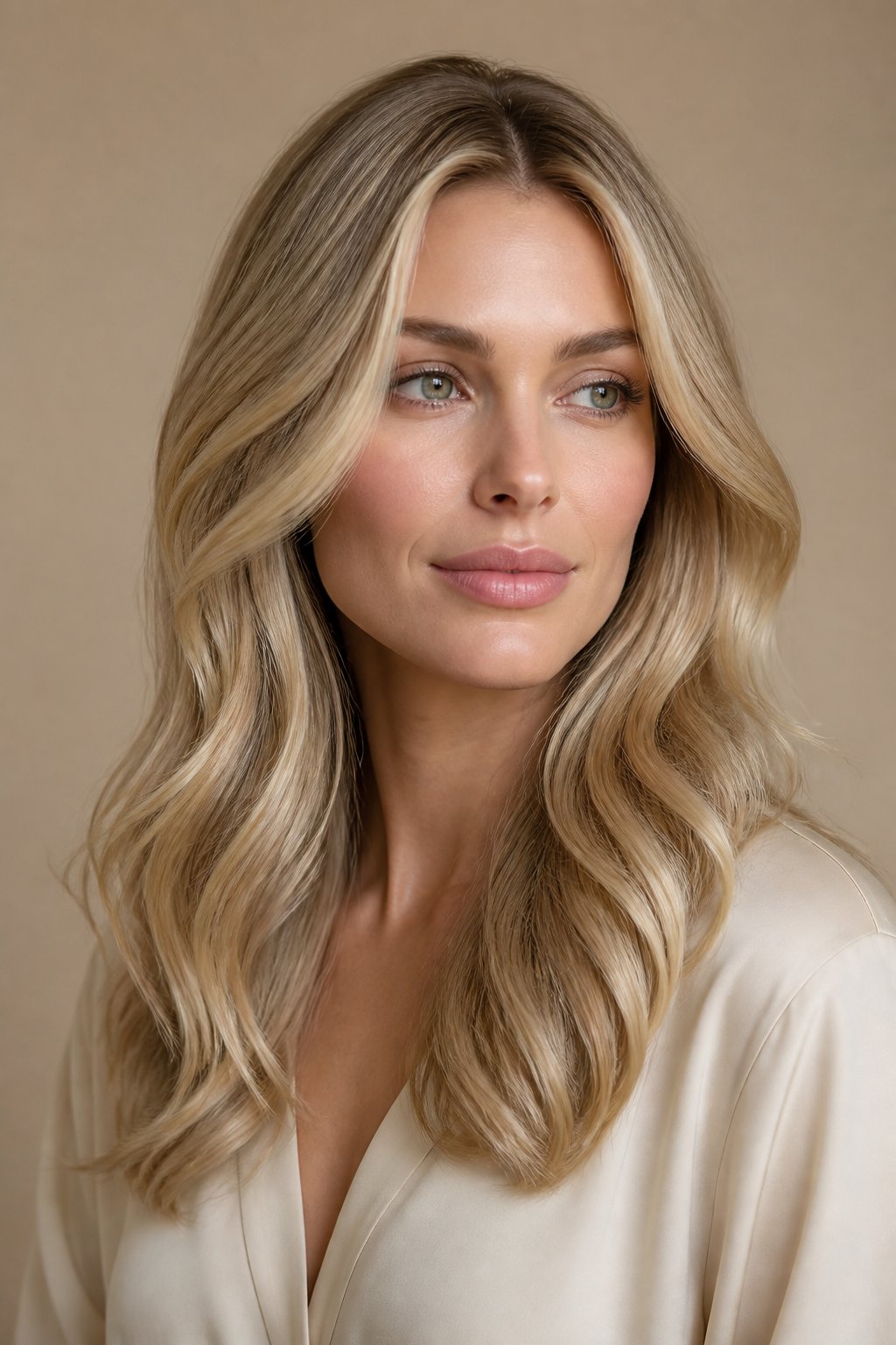 Champagne blonde hair in a neutral beige-gold tone with softly blended roots.