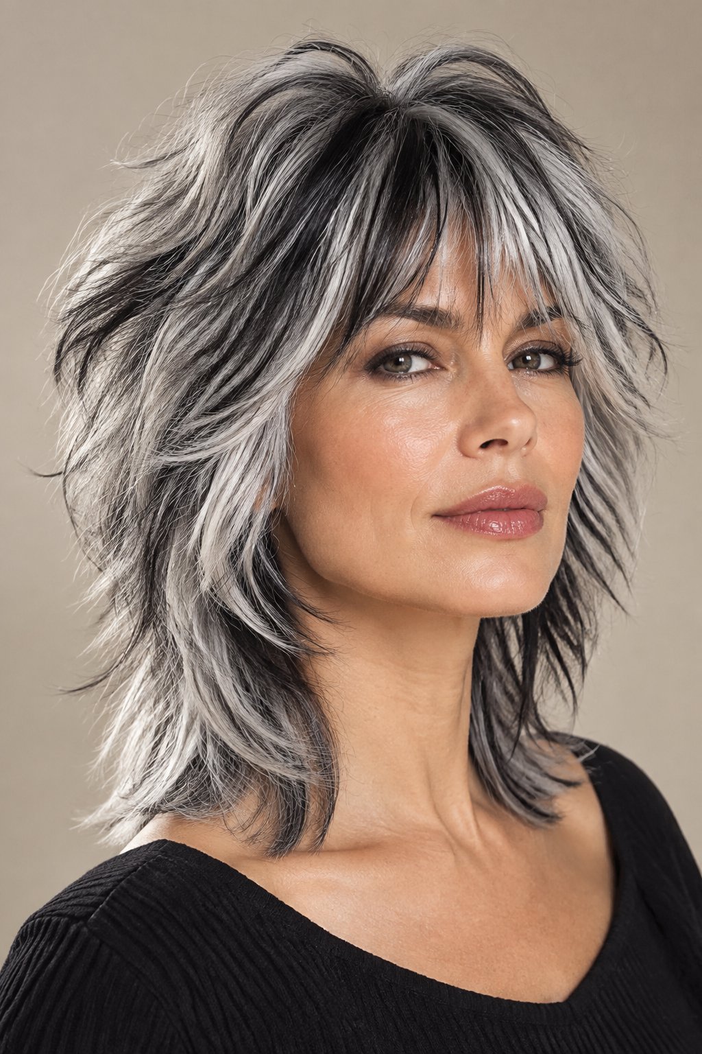 Charcoal black streaks bring graphic definition to a naturally grey or silver wolf cut.
