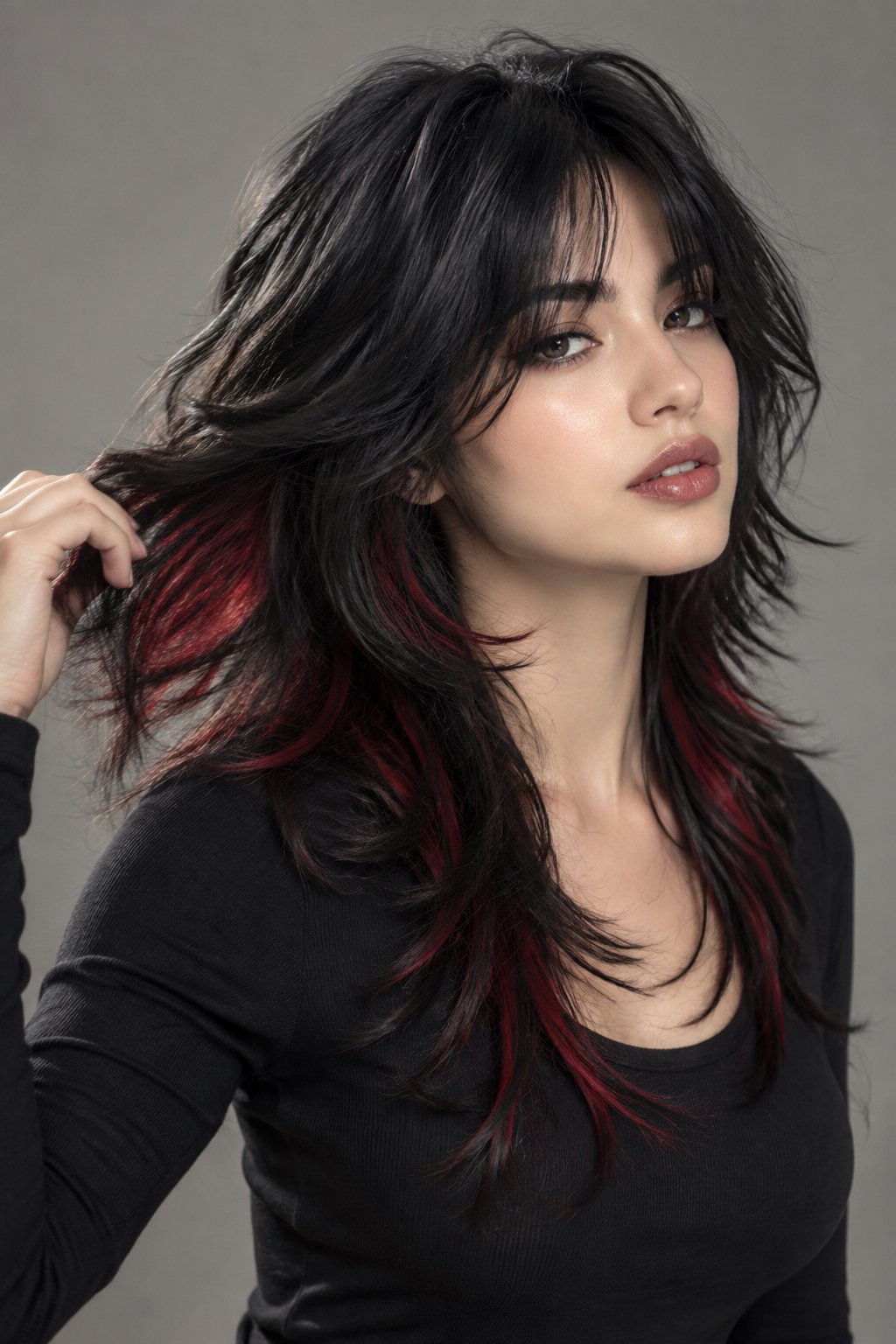 Cherry red peekaboo highlights create a dramatic contrast against a glossy jet-black wolf cut.