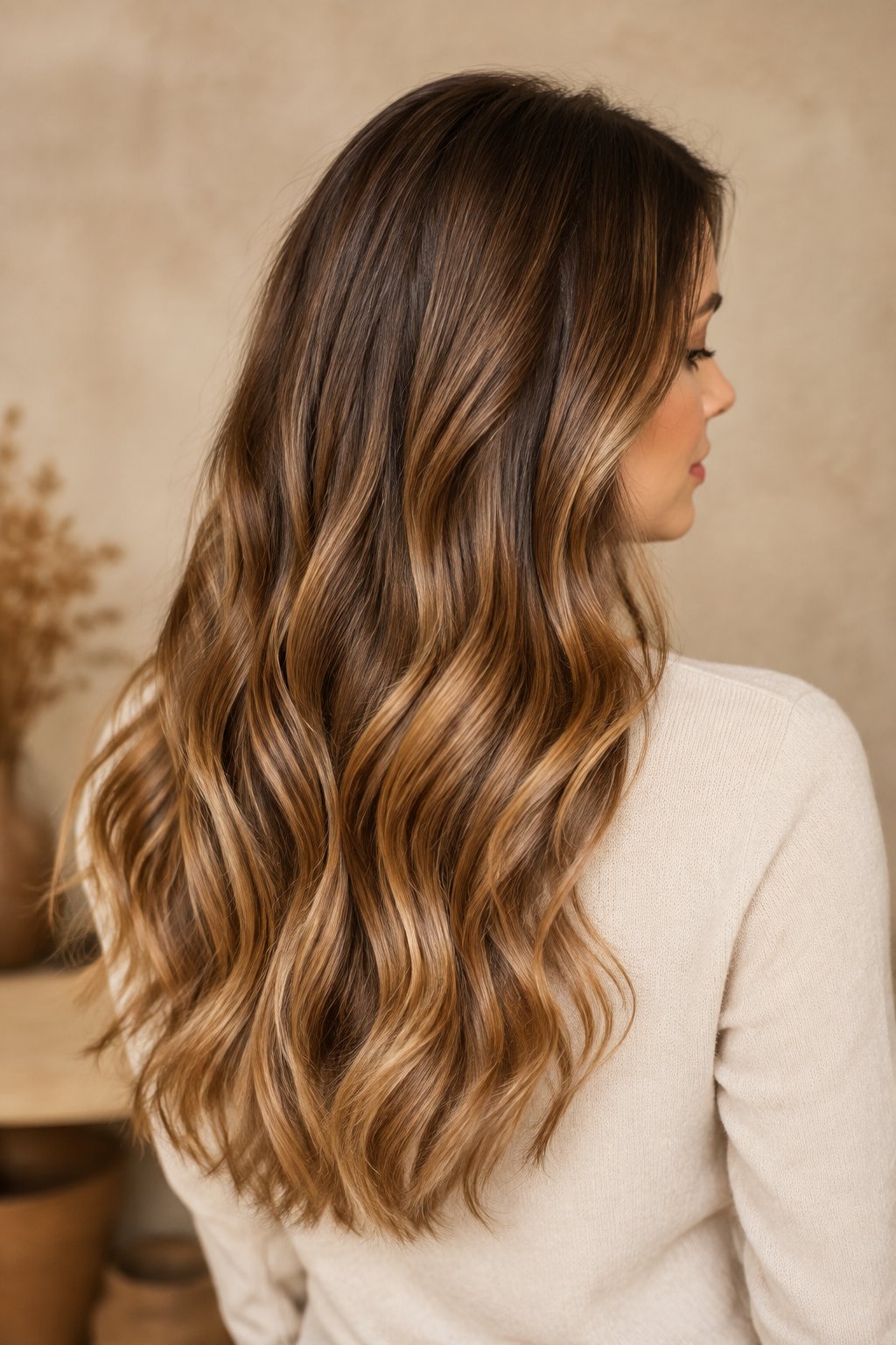 Chestnut brown balayage with deep roots fading into lighter sun-kissed ends.