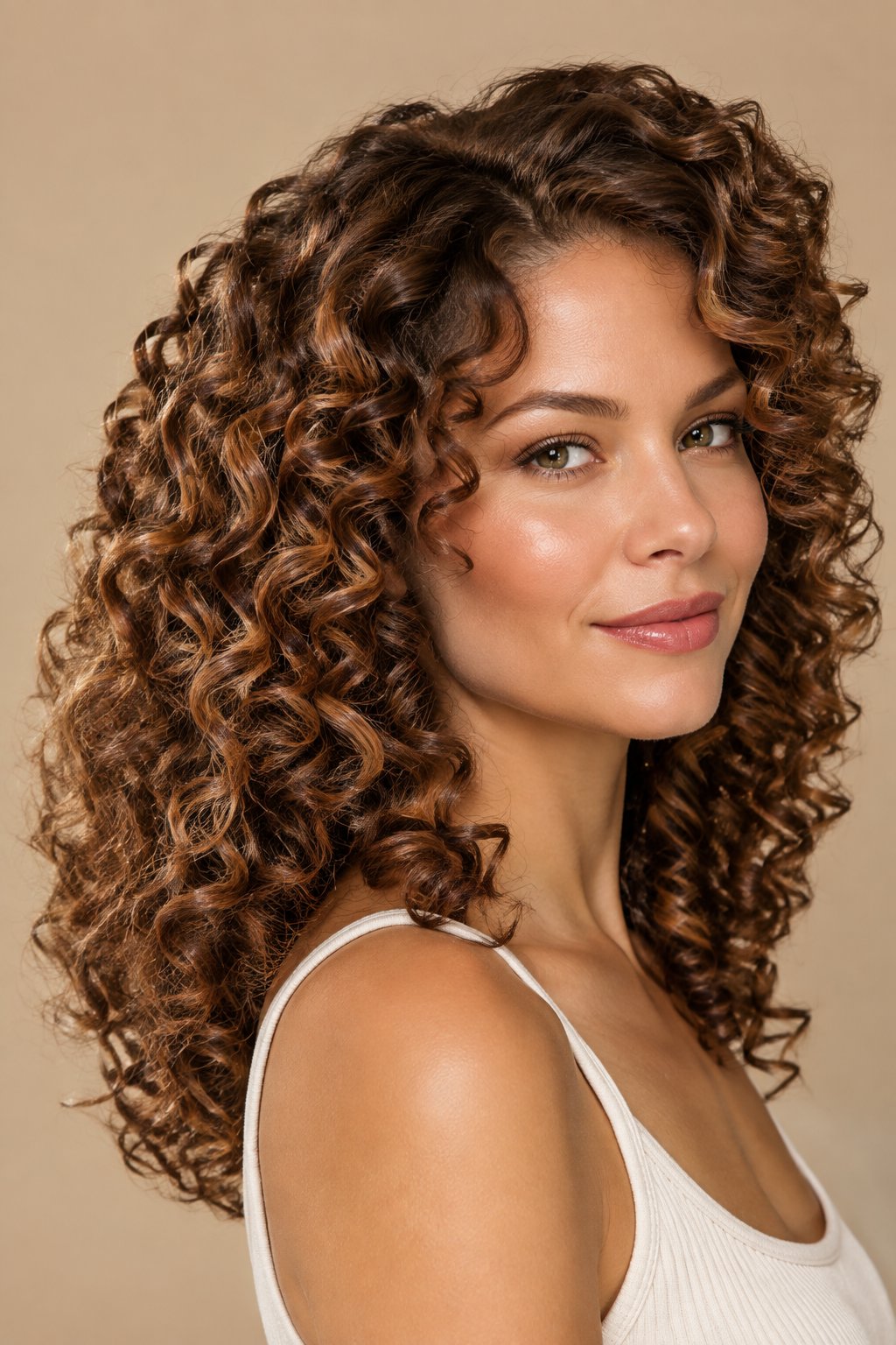 Chestnut brown curly hair with warm reddish tones and natural multidimensional definition.