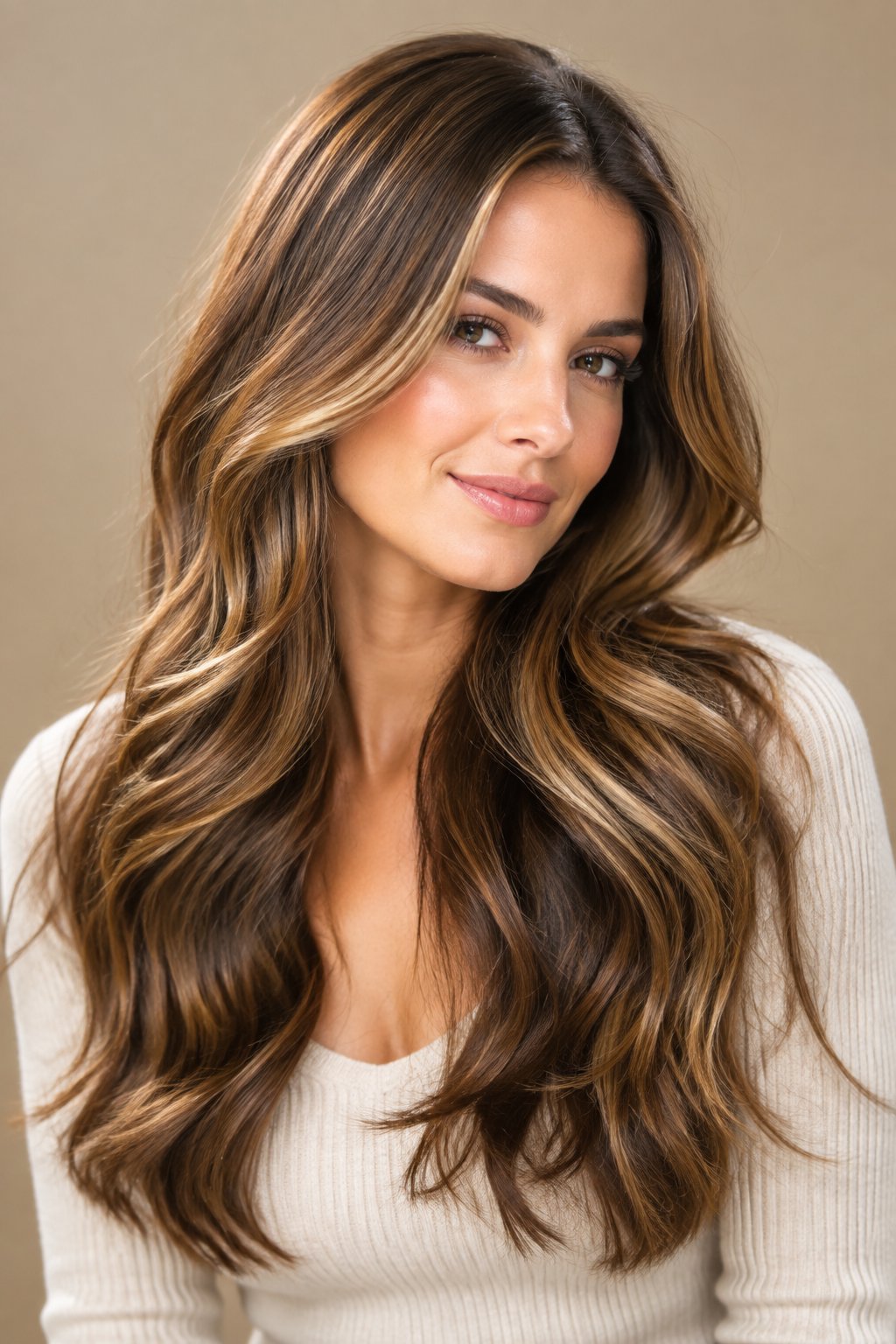 Chestnut brown layered hair with caramel highlights through the lengths and ends.