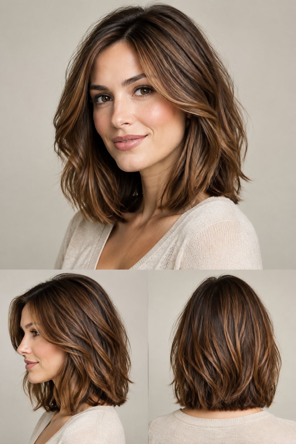 Chestnut brown layered lob shown from multiple angles with soft dimensional highlights.