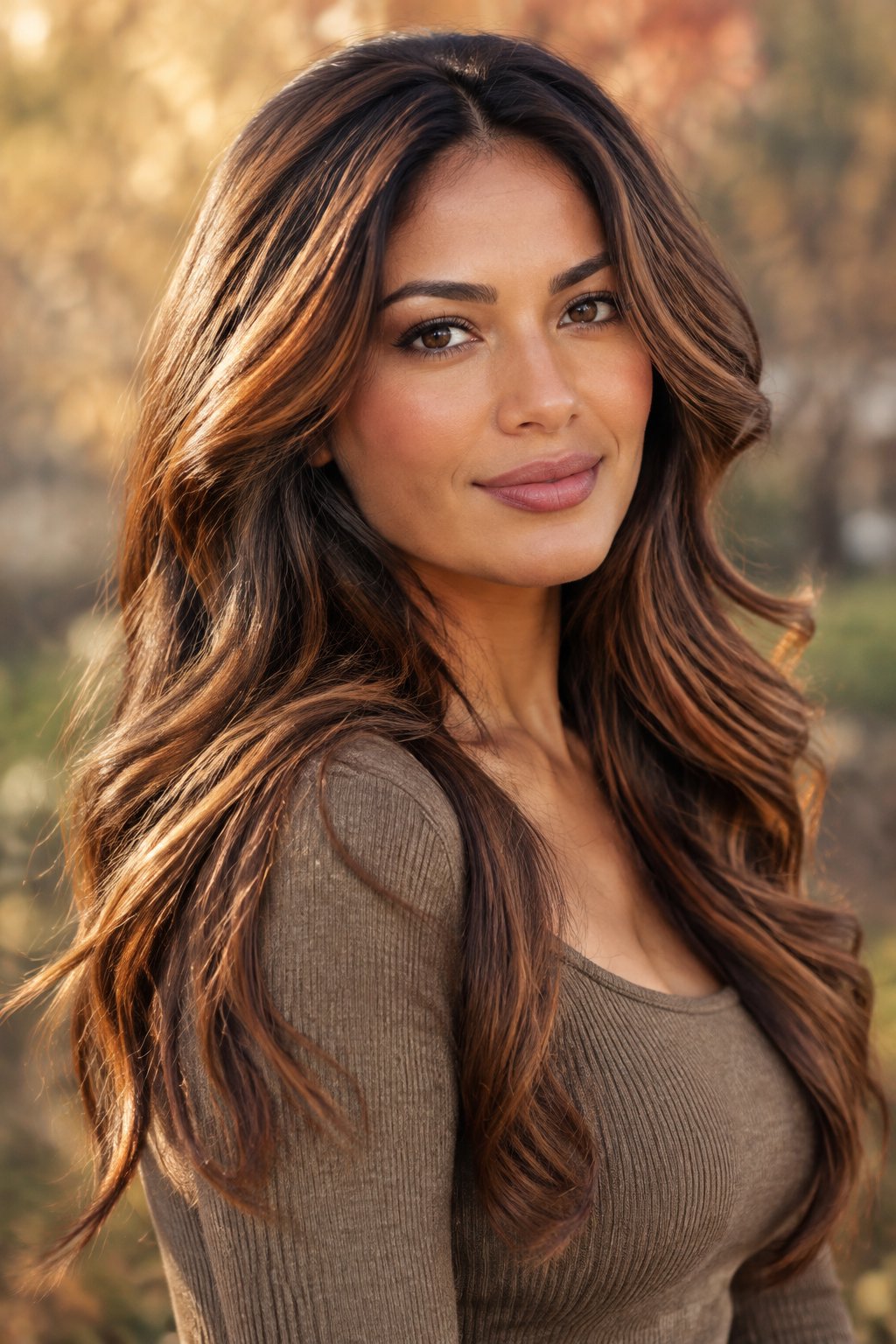 Chestnut brown long hair with copper undertones and warm face-framing dimension.