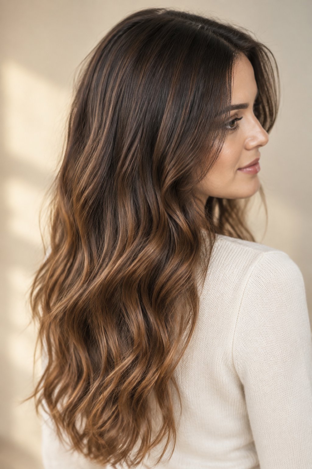 Chestnut brown long wavy hair with dark roots melting into warmer lengths.