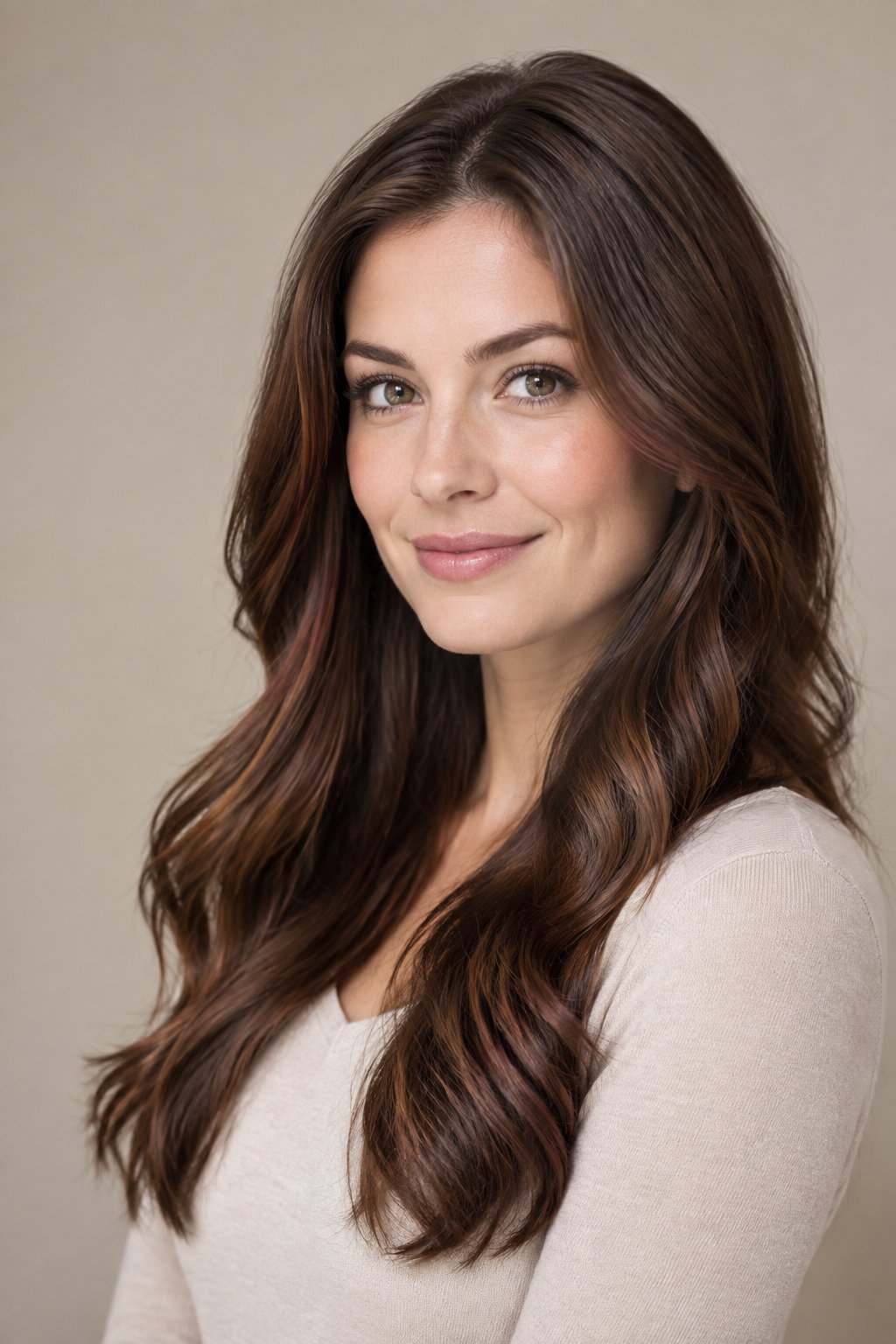 Chestnut brown long wavy hair with subtle red undertones.