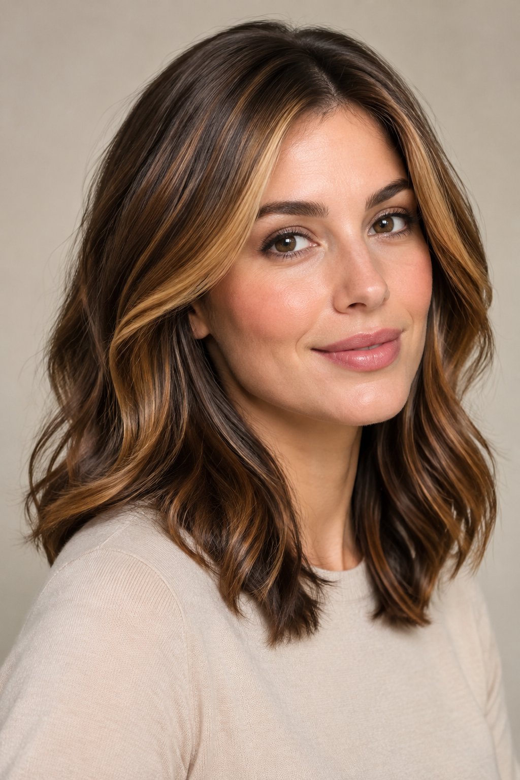 Chestnut brown shoulder-length hair with warm face-framing highlights.