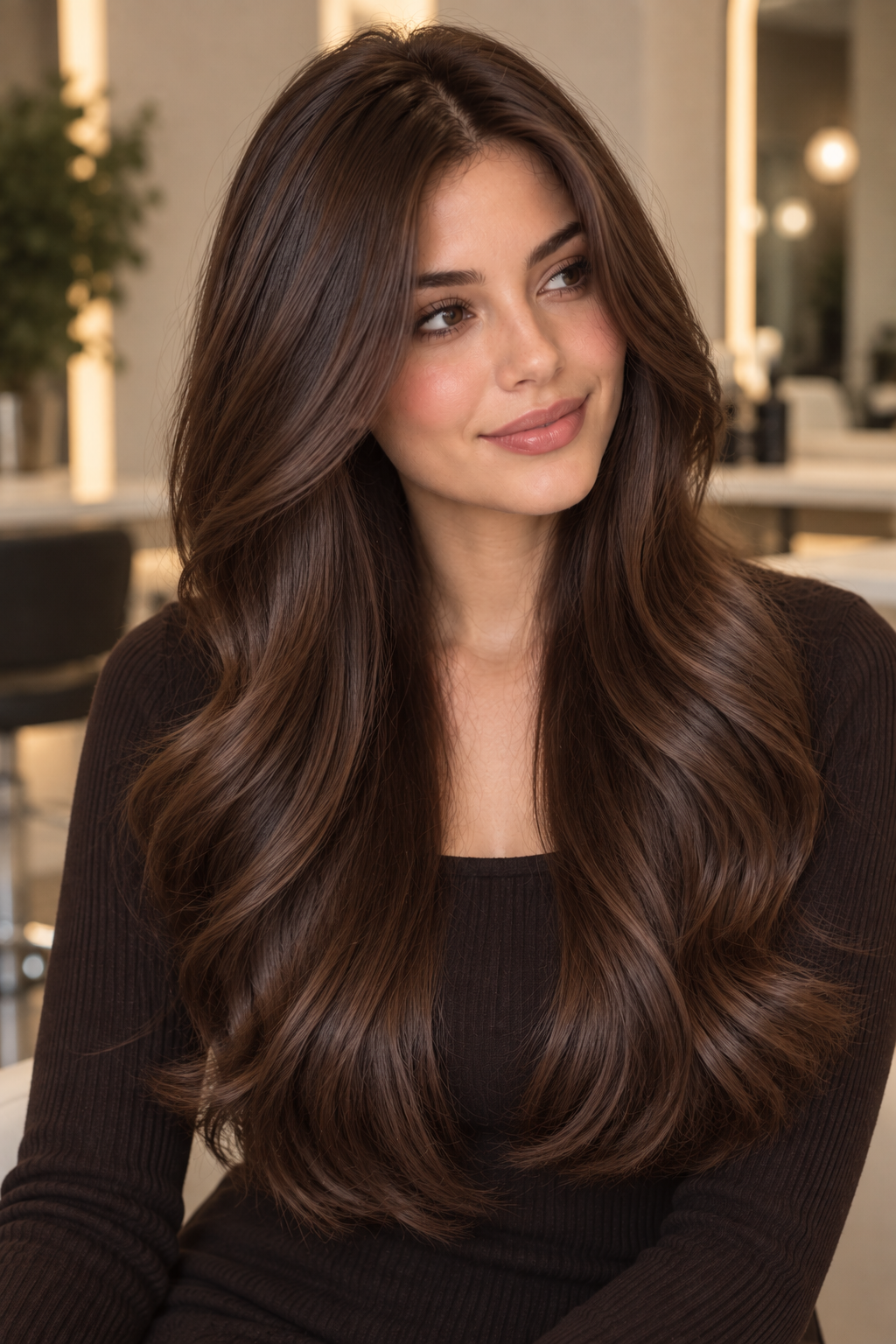 Chocolate brown hair color idea 1 - classic chocolate brown on long, softly waved hair.